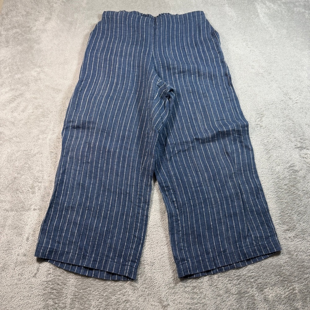 Eileen Fisher Wide Leg Cropped Pants Women Small Blue Striped Linen Nautical
